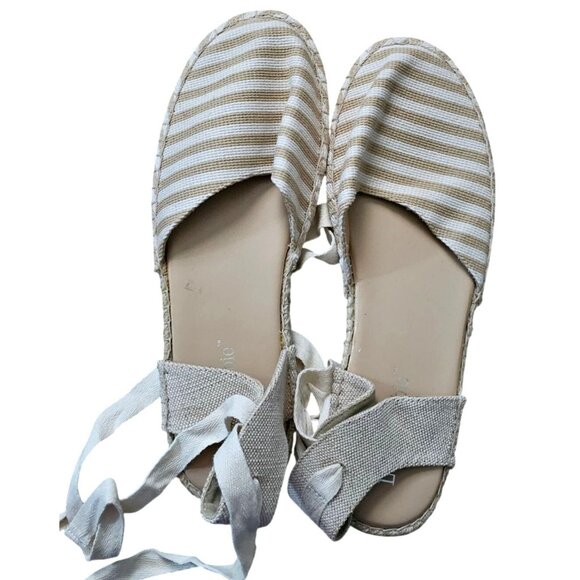 Lexi & Abbie Women's Beige & White Striped Espadrille Flats With Wraparound Ties - Picture 1 of 5